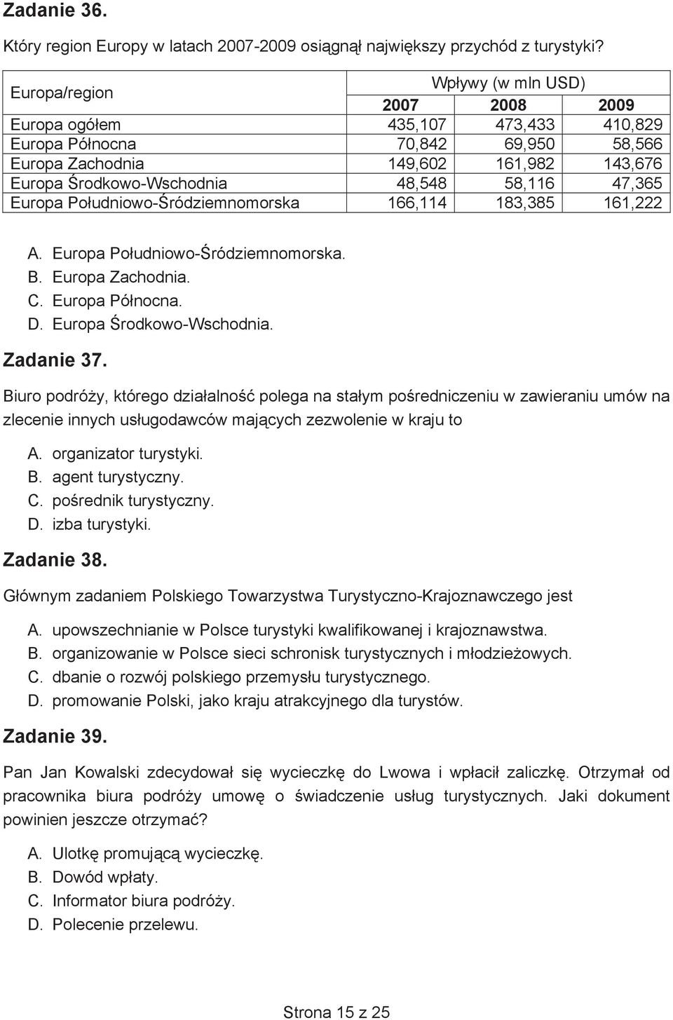 58,116 47,365 Europa Po udniowo- ródziemnomorska 166,114 183,385 161,222 A. Europa Po udniowo- ródziemnomorska. B. Europa Zachodnia. C. Europa Pó nocna. D. Europa rodkowo-wschodnia. Zadanie 37.