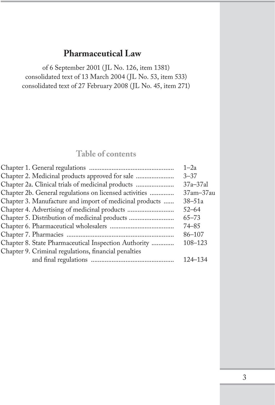 General regulations on licensed activities... 37am 37au Chapter 3. Manufacture and import of medicinal products... 38 51a Chapter 4. Advertising of medicinal products... 52 64 Chapter 5.