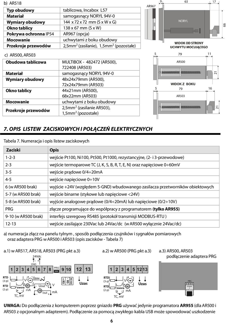 94V-0 Wymiary obudowy 48x24x79mm (AR500), 72x24x79mm (AR503) Okno tablicy 44x21mm (AR500), 68x22mm (AR503) Mocowanie uchwytami z boku obudowy Przekroje przewodów 2,5mm 2 (zasilanie AR503), 1,5mm 2