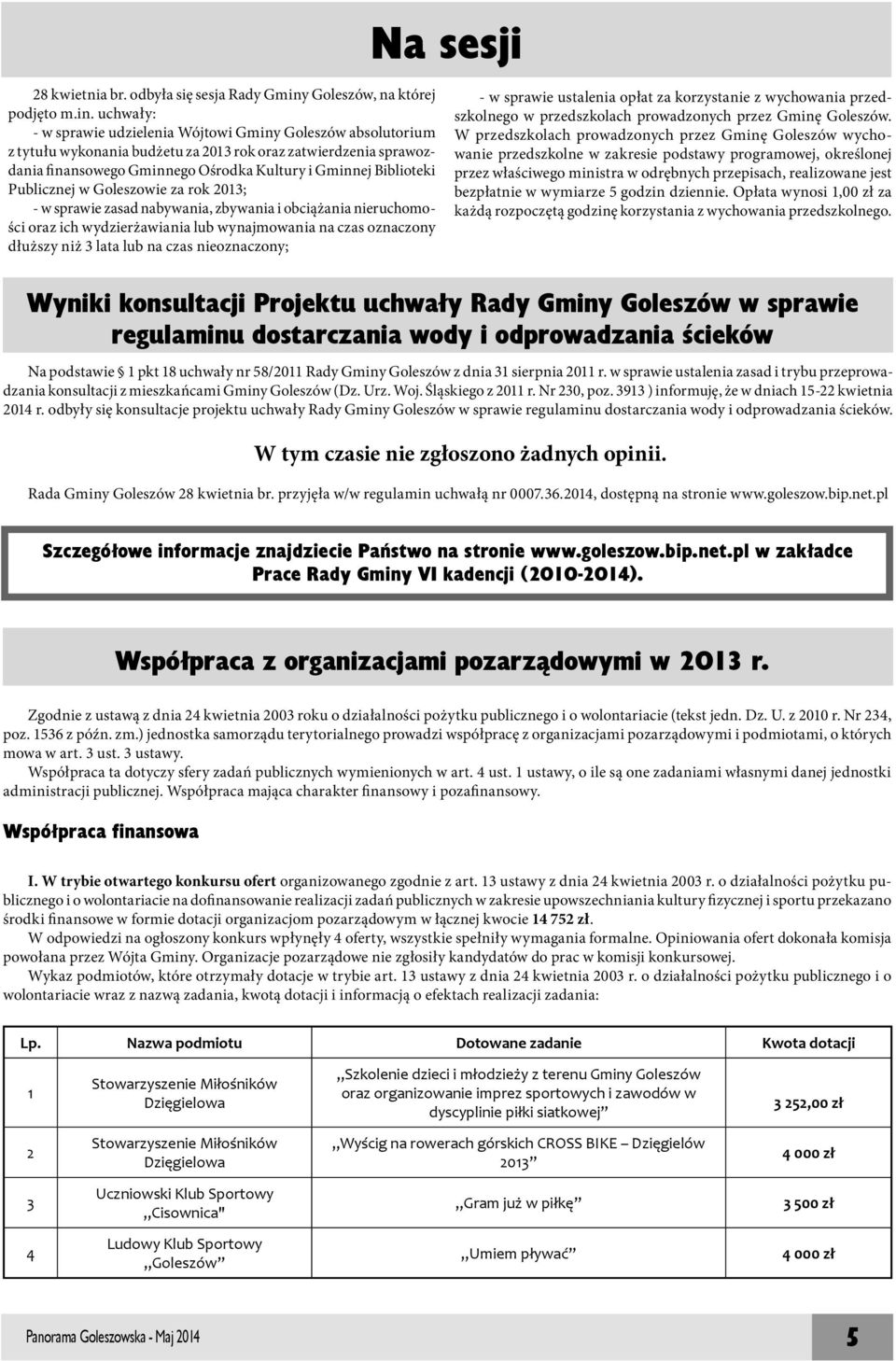 uchwały: - w sprawie udzielenia Wójtowi Gminy Goleszów absolutorium z tytułu wykonania budżetu za 2013 rok oraz zatwierdzenia sprawozdania finansowego Gminnego Ośrodka Kultury i Gminnej Biblioteki