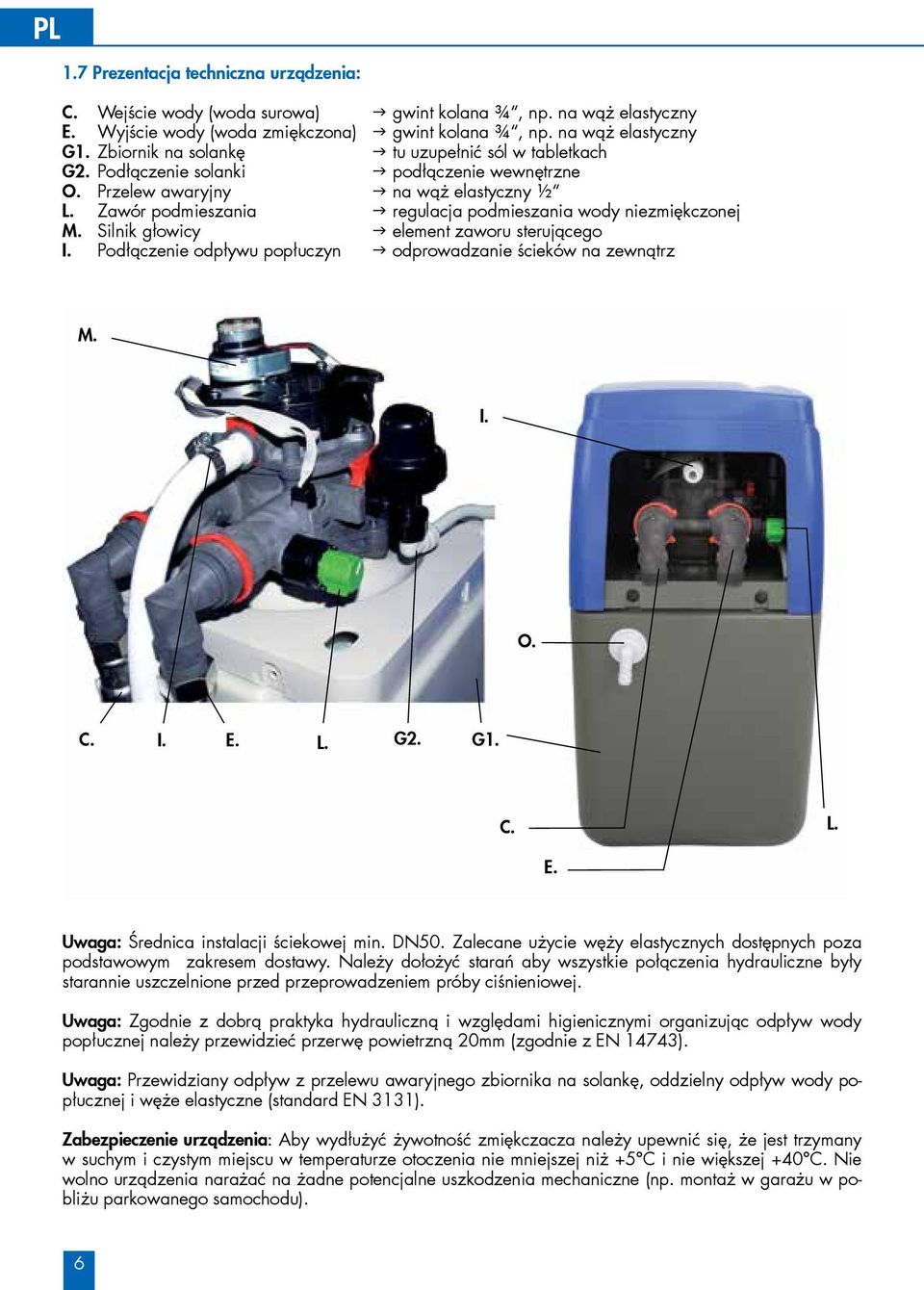 Zawór podmieszania regulacja podmieszania wody niezmiękczonej M. Silnik głowicy element zaworu sterującego I. Podłączenie odpływu popłuczyn odprowadzanie ścieków na zewnątrz M. I. O. C. I. E. L. G2.