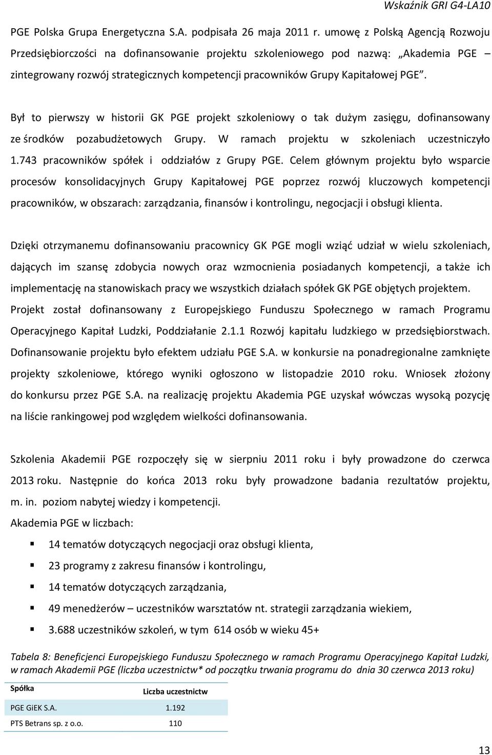 Był to pierwszy w historii GK PGE projekt szkoleniowy o tak dużym zasięgu, dofinansowany ze środków pozabudżetowych Grupy. W ramach projektu w szkoleniach uczestniczyło 1.