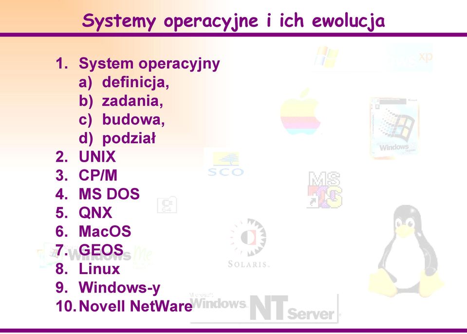 budowa, d) podział 2. UNIX 3. CP/M 4. MS DOS 5.