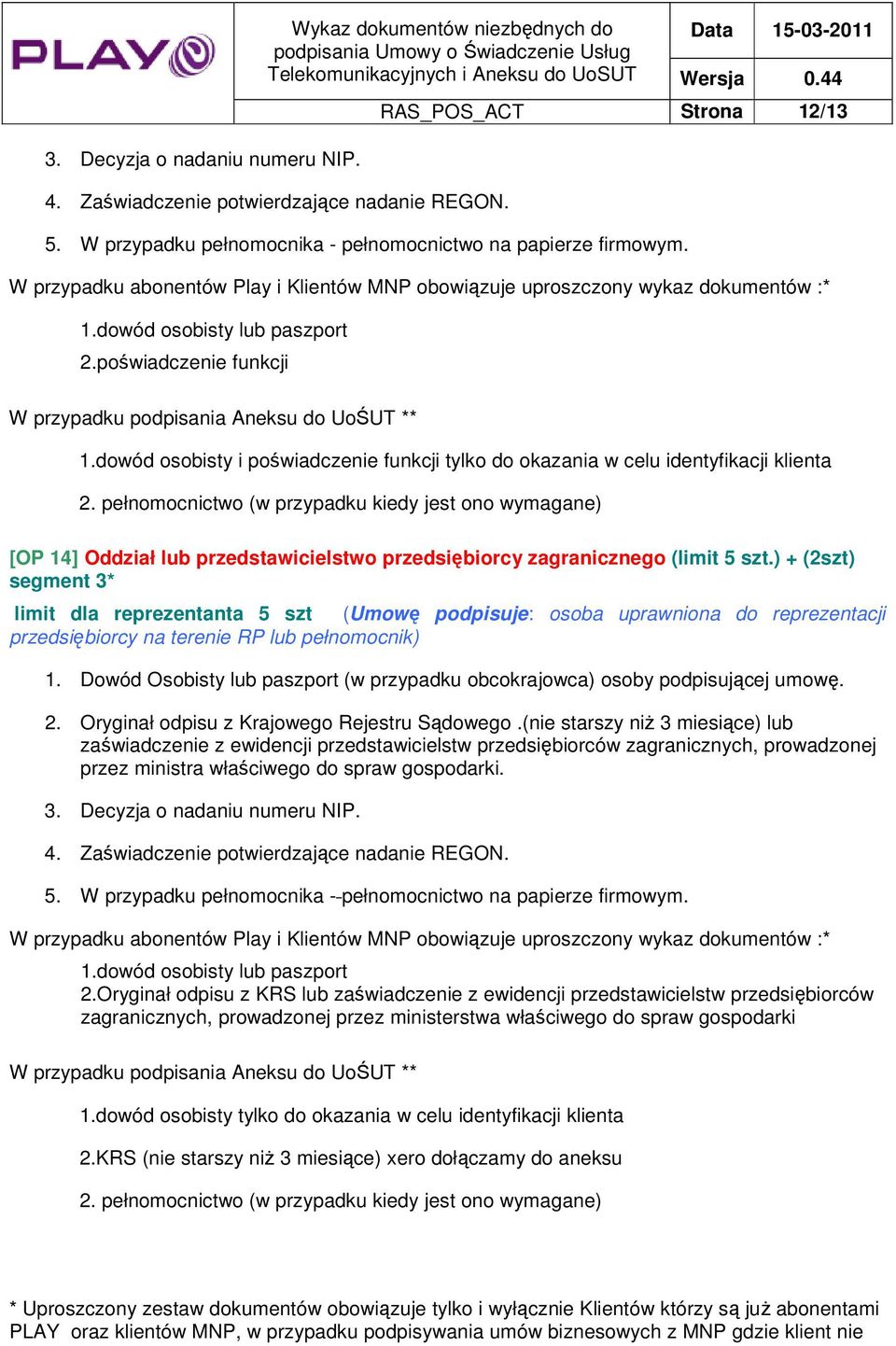 ) + (2szt) segment 3* limit dla reprezentanta 5 szt (Umowę podpisuje: osoba uprawniona do reprezentacji przedsiębiorcy na terenie RP lub pełnomocnik) 1.