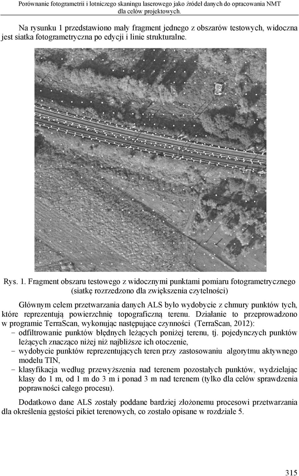 przedstawiono mały fragment jednego z obszarów testowych, widoczna jest siatka fotogrametryczna po edycji i linie strukturalne. Rys. 1.