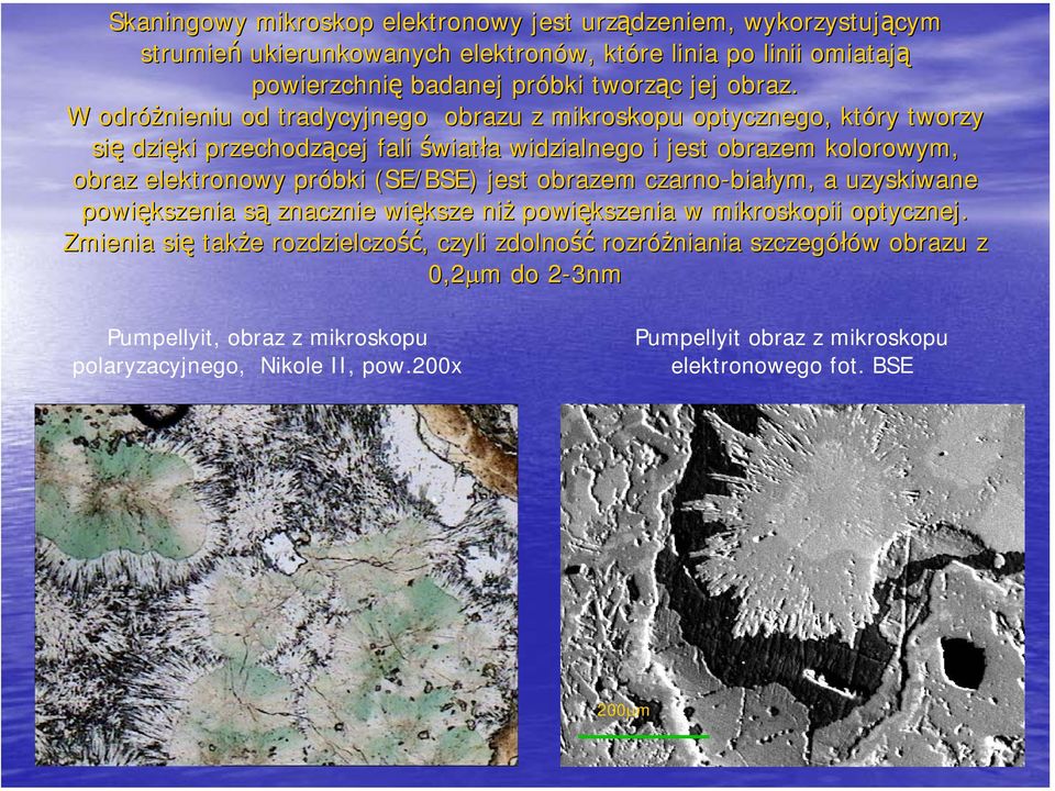 (SE/BSE) jest obrazem czarno-bia białym, a uzyskiwane powiększenia sąs znacznie większe ksze niż powiększenia w mikroskopii optycznej.