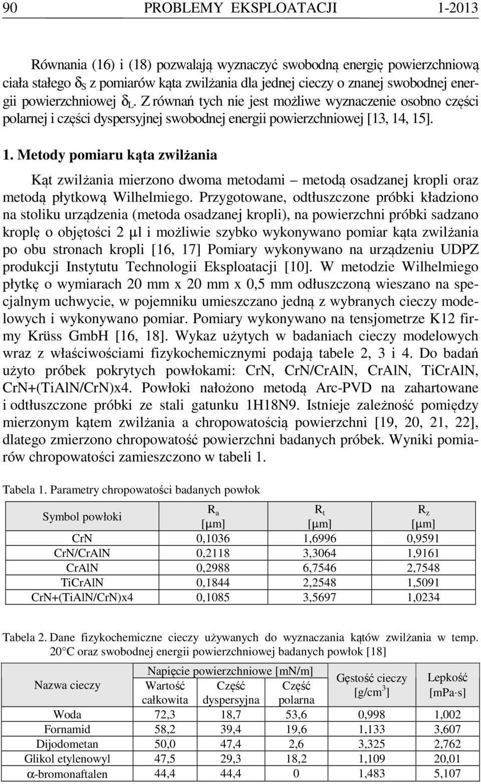 , 15]. 1. Metody pomiaru kąta zwiżania Kąt zwiżania mierzono dwoma metodami metodą oadzanej kropi oraz metodą płytkową Wihemiego.