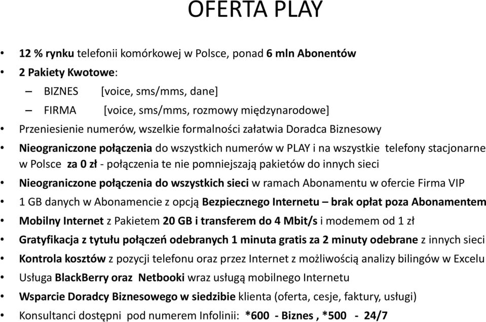 sieci Nieograniczone połączenia do wszystkich sieci w ramach Abonamentu w ofercie Firma VIP 1 GB danych w Abonamencie z opcją Bezpiecznego Internetu brak opłat poza Abonamentem Mobilny Internet z