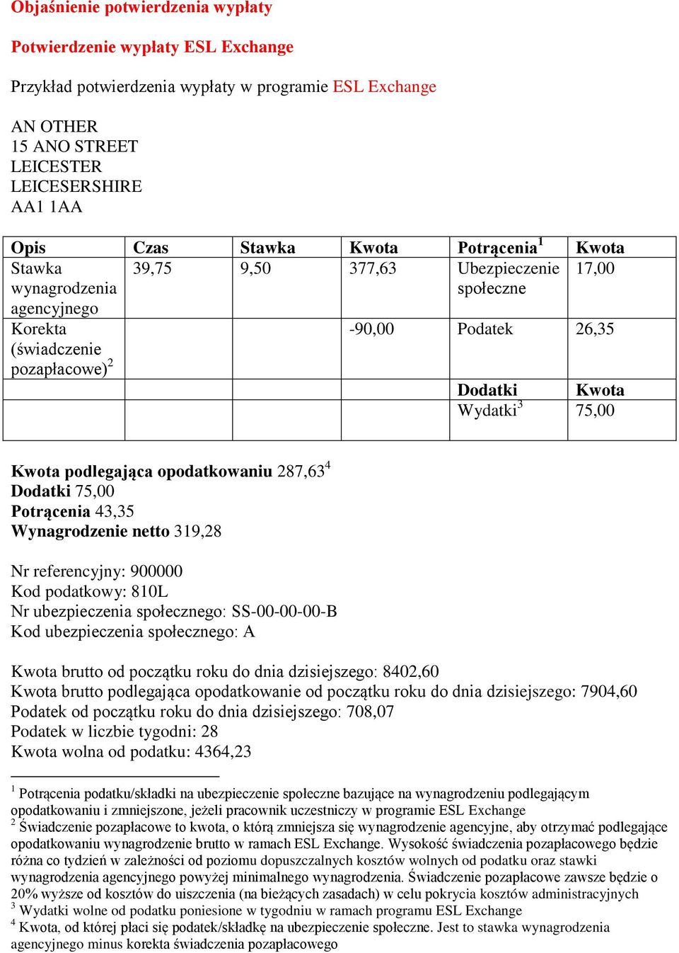 podlegająca opodatkowaniu 287,63 4 Dodatki 75,00 Potrącenia 43,35 Wynagrodzenie netto 319,28 Nr referencyjny: 900000 Kod podatkowy: 810L Nr ubezpieczenia społecznego: SS-00-00-00-B Kod ubezpieczenia