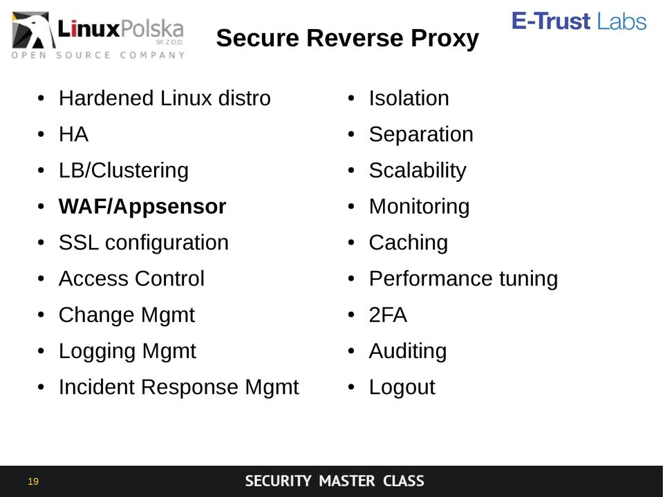 SSL configuration Caching Access Control Performance tuning