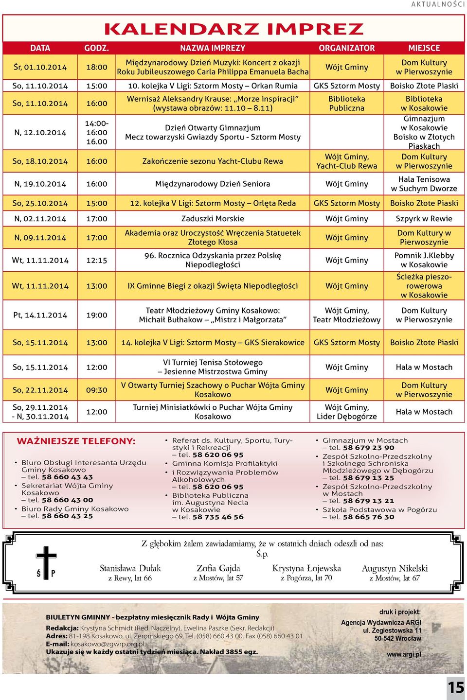 kolejka V Ligi: Sztorm Mosty Orkan Rumia GKS Sztorm Mosty Boisko Złote Piaski So, 11.10.2014 16:00 N, 12.10.2014 14:00-16:00 16.00 Wernisaż Aleksandry Krause: Morze inspiracji (wystawa obrazów: 11.