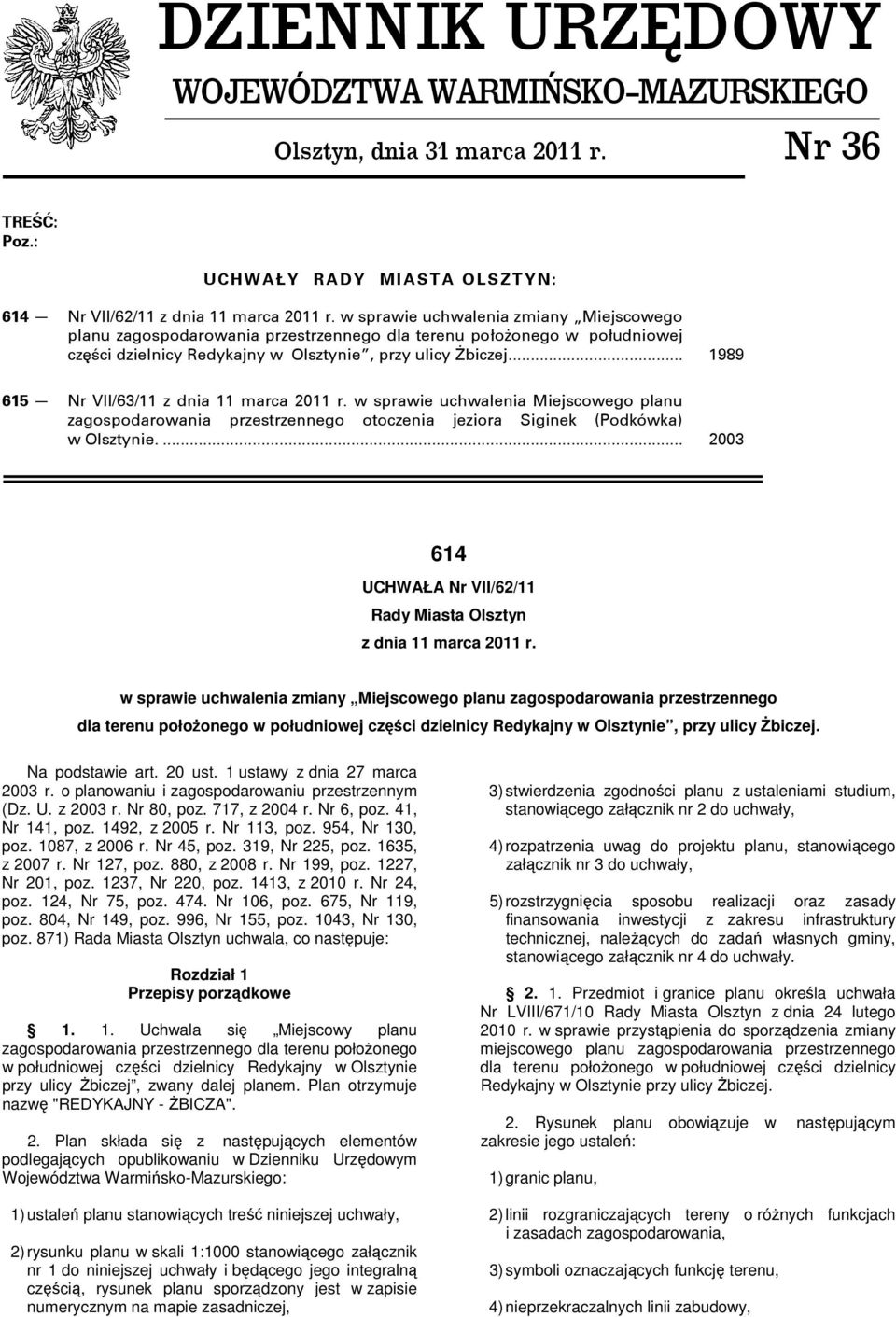 Olsztynie, przy ulicy Żbiczej.... 1989 615 Nr VII/63/11 w sprawie uchwalenia Miejscowego planu zagospodarowania przestrzennego otoczenia jeziora Siginek (Podkówka) w Olsztynie.