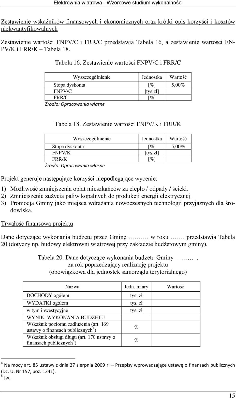 Zestawienie wartości FNPV/K i FRR/K Wyszczególnienie Jednostka Wartość Stopa dyskonta [%] 5,00% FNPV/K [tys.