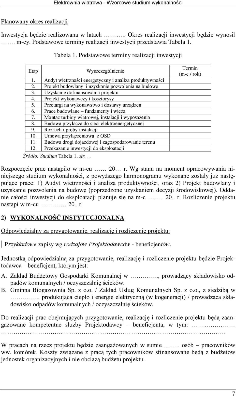 Uzyskanie dofinansowania projektu 4. Projekt wykonawczy i kosztorysy 5. Przetargi na wykonawstwo i dostawy urządzeń 6. Prace budowlane fundamenty i wieża 7.