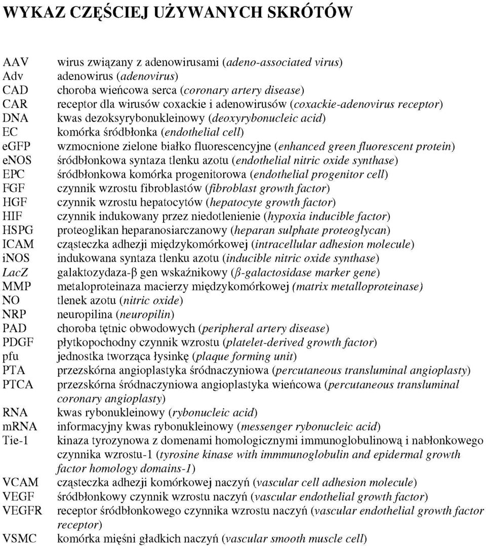 (enhanced green fluorescent protein) enos śródbłonkowa syntaza tlenku azotu (endothelial nitric oxide synthase) EPC śródbłonkowa komórka progenitorowa (endothelial progenitor cell) FGF czynnik