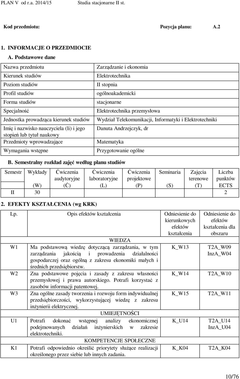 tytuł naukowy Przedmioty wprowadzające Wymagania wstępne Zarządzanie i ekonomia Elektrotechnika II stopnia ogólnoakademicki stacjonarne Elektrotechnika przemysłowa Wydział Telekomunikacji,