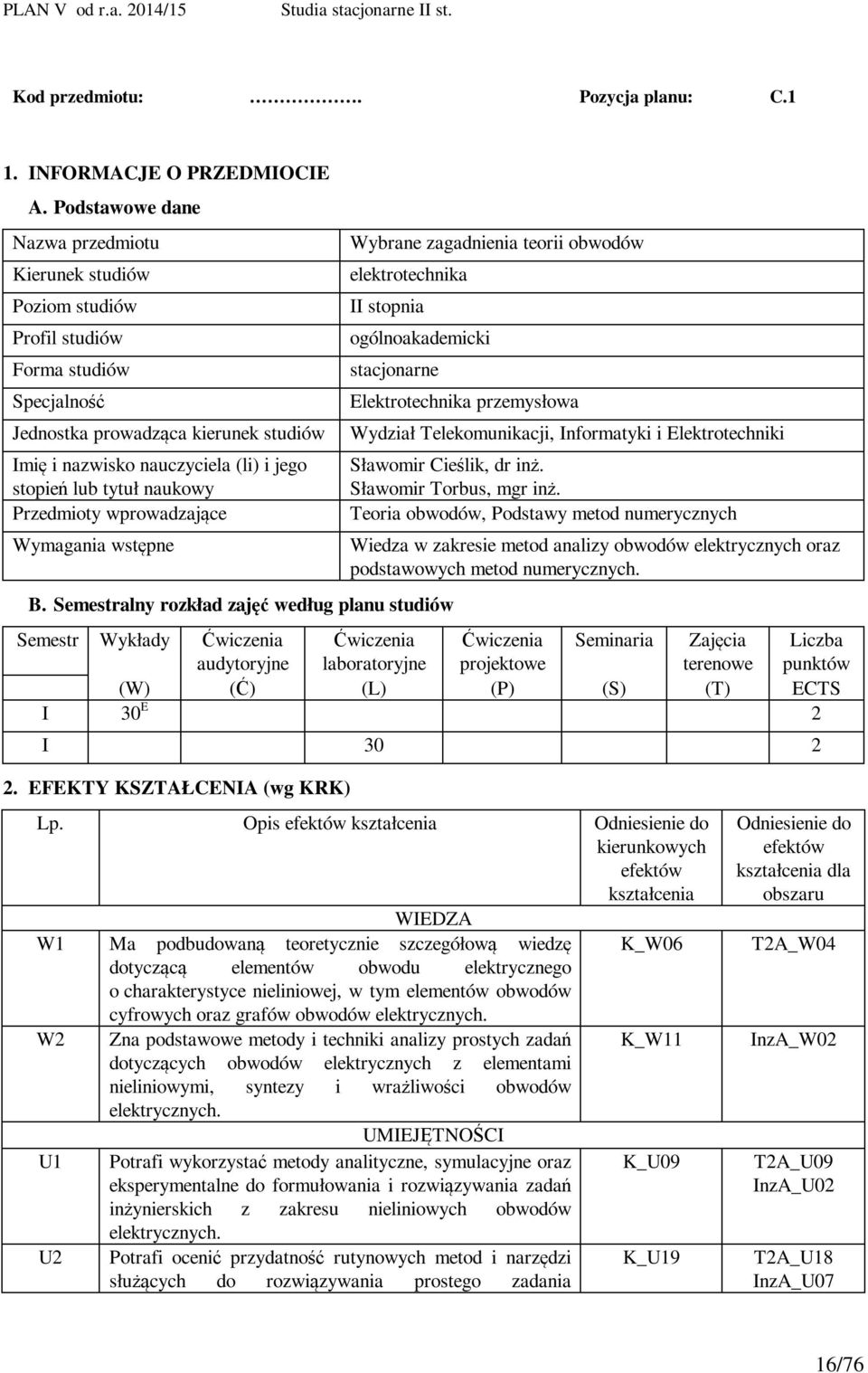 tytuł naukowy Przedmioty wprowadzające Wymagania wstępne Wybrane zagadnienia teorii obwodów elektrotechnika II stopnia ogólnoakademicki stacjonarne B.