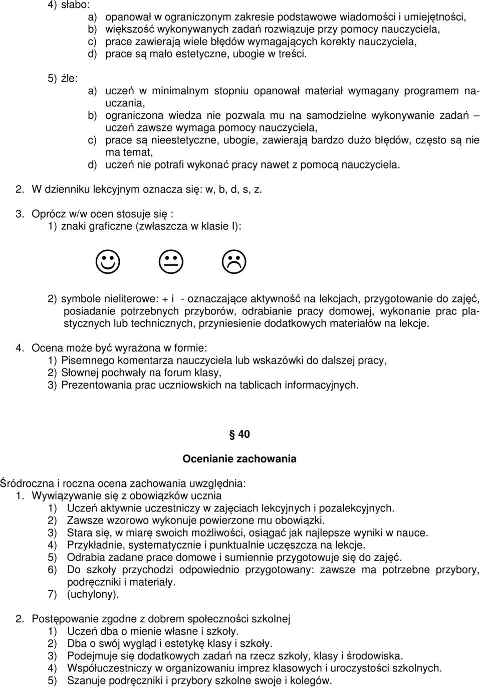 5) źle: a) uczeń w minimalnym stopniu opanował materiał wymagany programem nauczania, b) ograniczona wiedza nie pozwala mu na samodzielne wykonywanie zadań uczeń zawsze wymaga pomocy nauczyciela, c)