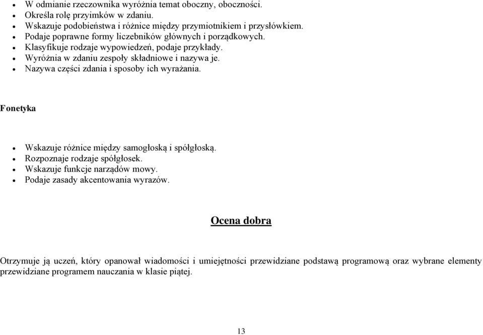 Nazywa części zdania i sposoby ich wyrażania. Fonetyka Wskazuje różnice między samogłoską i spółgłoską. Rozpoznaje rodzaje spółgłosek. Wskazuje funkcje narządów mowy.