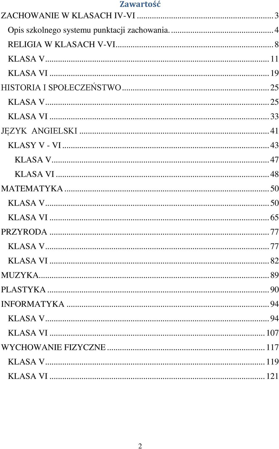 .. 43 KLASA V... 47 KLASA VI... 48 MATEMATYKA... 50 KLASA V... 50 KLASA VI... 65 PRZYRODA... 77 KLASA V... 77 KLASA VI.