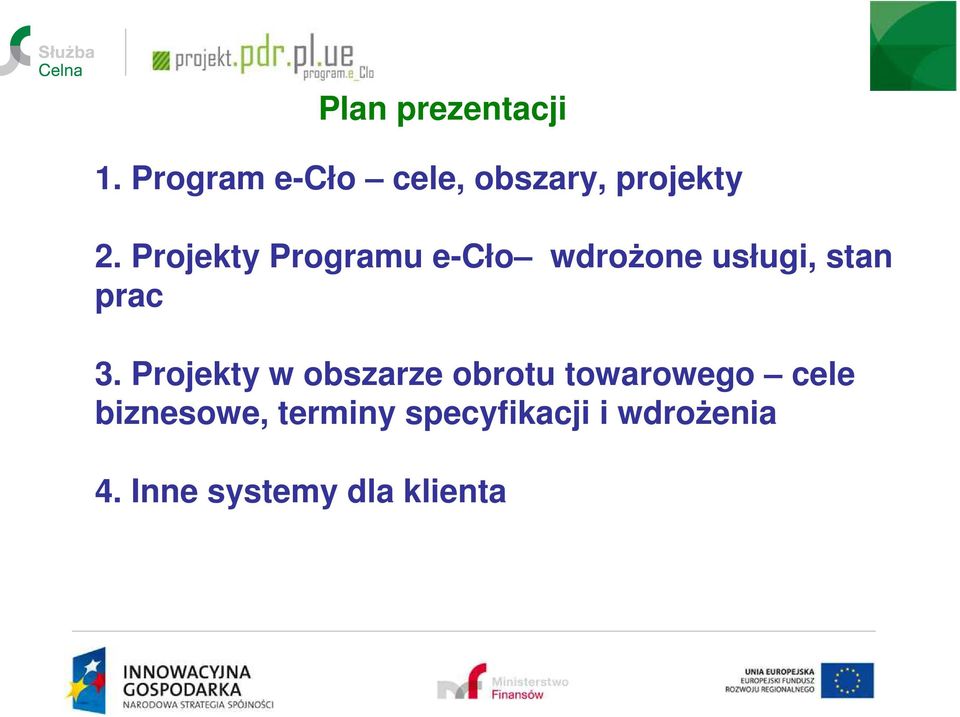 Projekty Programu e-cło wdrożone usługi, stan prac 3.