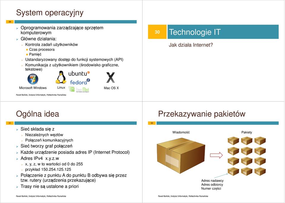 Microsoft Windows Linux Mac OS X Ogólna idea Przekazywanie pakietów 31 32 Sieć składa się z Niezależnych węzłów Połączeń komunikacyjnych Sieć tworzy graf połączeń Każde urządzenie posiada