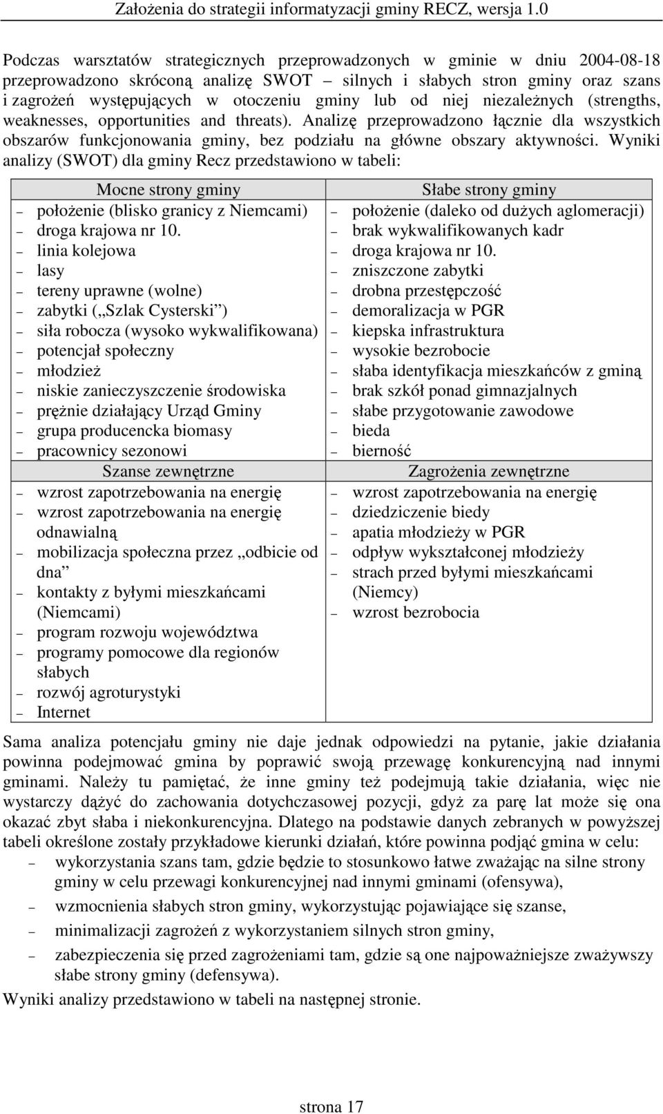 Wyniki analizy (SWOT) dla gminy Recz przedstawiono w tabeli: Mocne strony gminy połoenie (blisko granicy z Niemcami) droga krajowa nr 10.