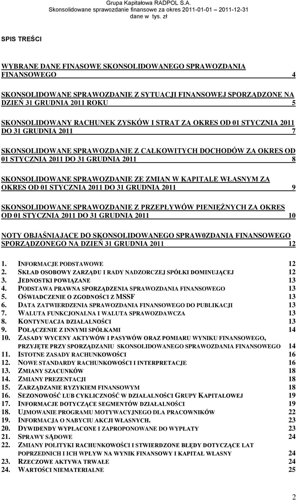 ZMIAN W KAPITALE WŁASNYM ZA OKRES OD 01 STYCZNIA 2011 DO 31 GRUDNIA 2011 9 SKONSOLIDOWANE SPRAWOZDANIE Z PRZEPŁYWÓW PIENIĘŻNYCH ZA OKRES OD 01 STYCZNIA 2011 DO 31 GRUDNIA 2011 10 NOTY OBJAŚNIAJĄCE DO