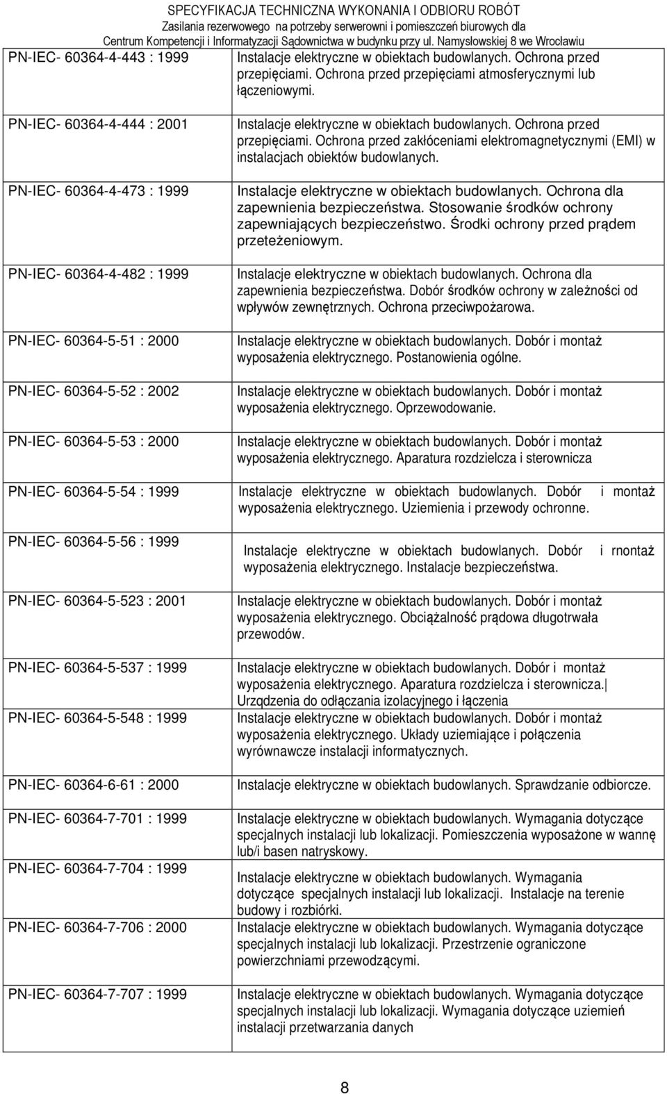 budowlanych. Ochrona przed przepięciami. Ochrona przed zakłóceniami elektromagnetycznymi (EMI) w instalacjach obiektów budowlanych. zapewnienia bezpieczeństwa.