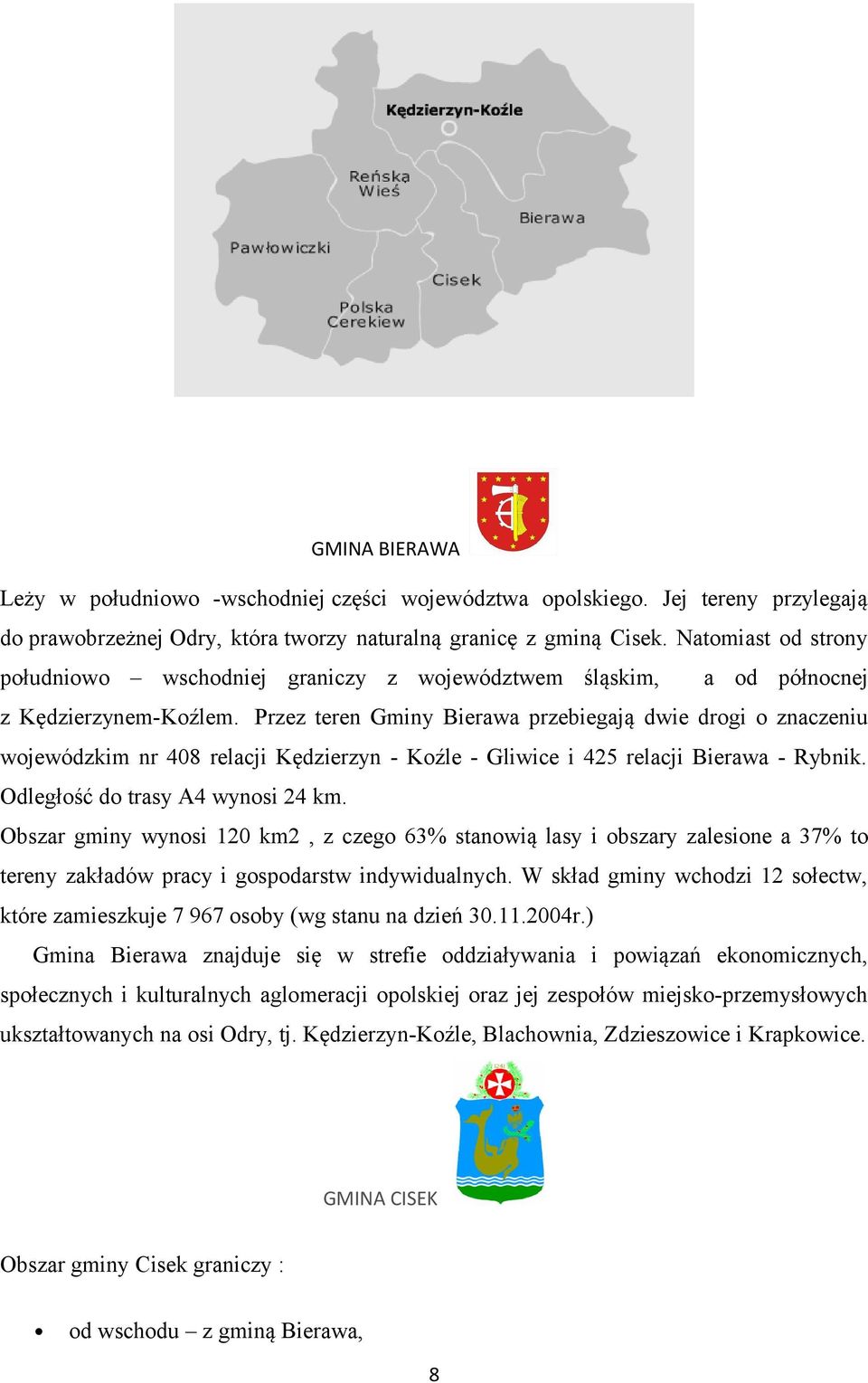 Przez teren Gminy Bierawa przebiegają dwie drogi o znaczeniu wojewódzkim nr 408 relacji Kędzierzyn - Koźle - Gliwice i 425 relacji Bierawa - Rybnik. Odległość do trasy A4 wynosi 24 km.