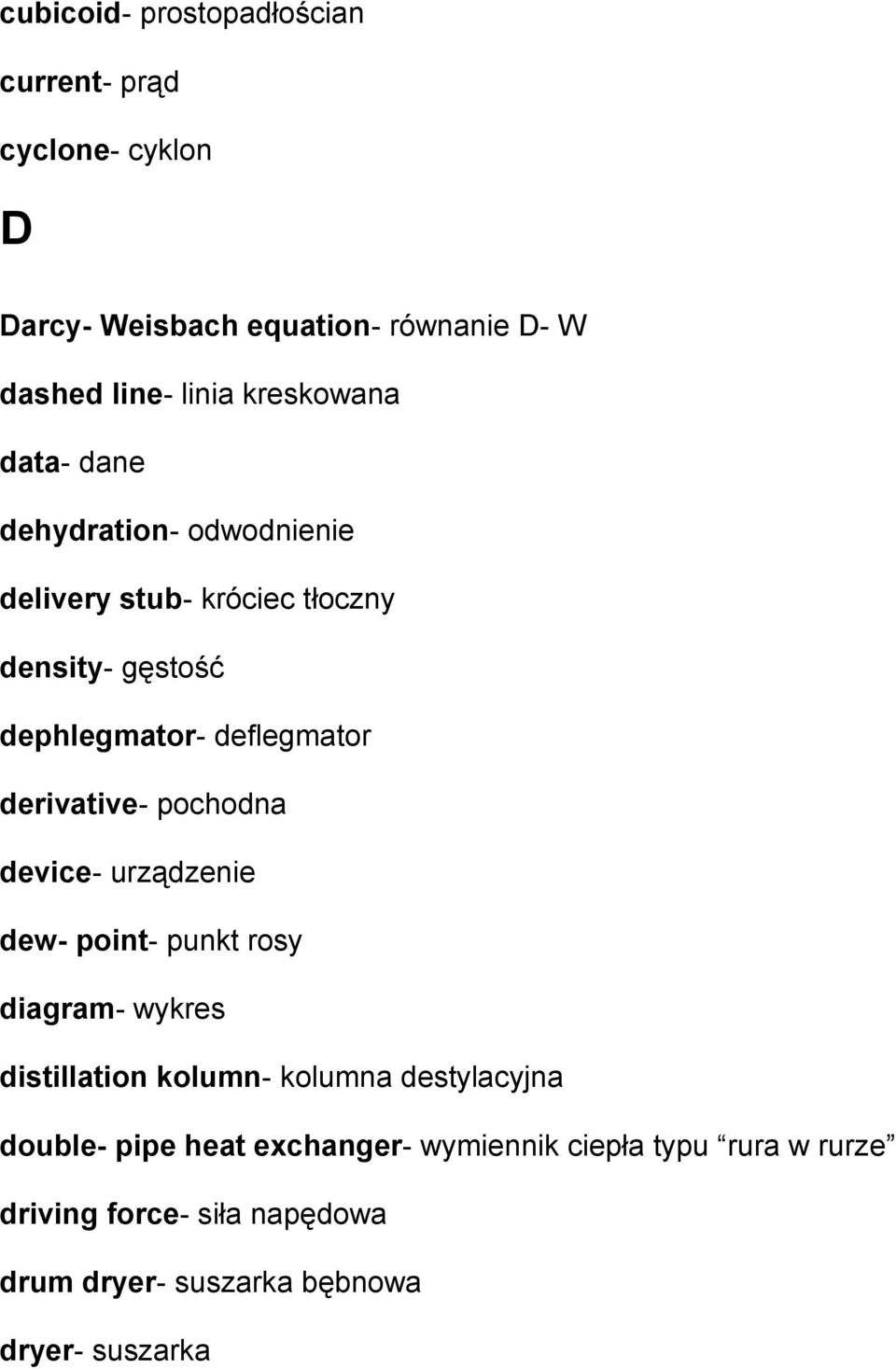 derivative- pochodna device- urządzenie dew- point- punkt rosy diagram- wykres distillation kolumn- kolumna destylacyjna