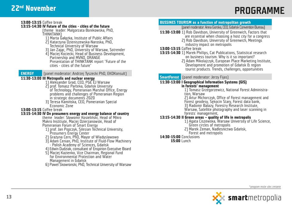 ORANGE Presentation of THINKTANK report "Future of the cities - cities of the future" ENERGY (panel moderator: Andrzej Tyszecki PhD, EKOKonsult) 11:30-13:00 III Metropolis and nuclear energy 1)