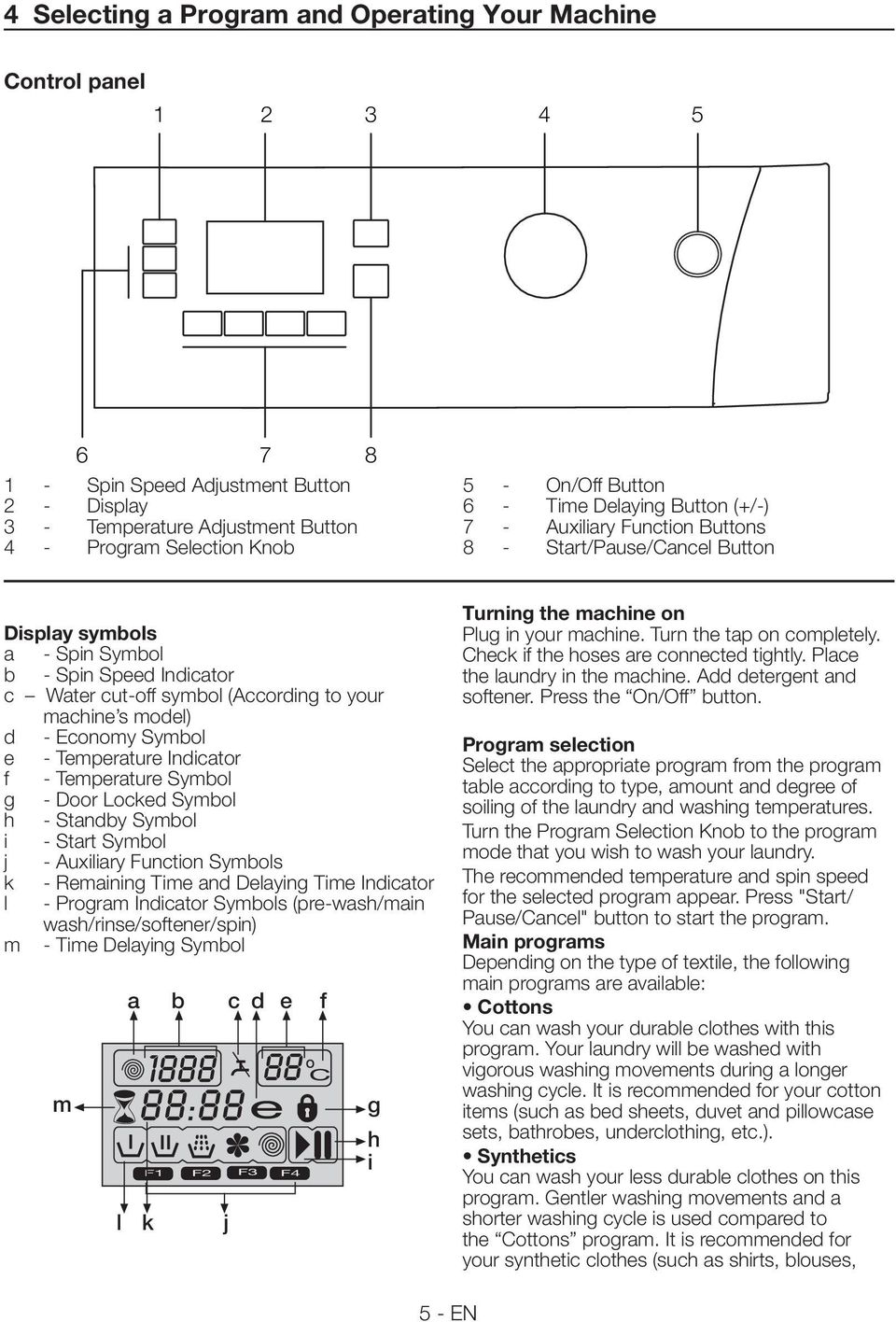 machine s model) d - Economy Symbol e - Temperature Indicator f - Temperature Symbol g - Door Locked Symbol h - Standby Symbol i - Start Symbol j - Auxiliary Function Symbols k - Remaining Time and