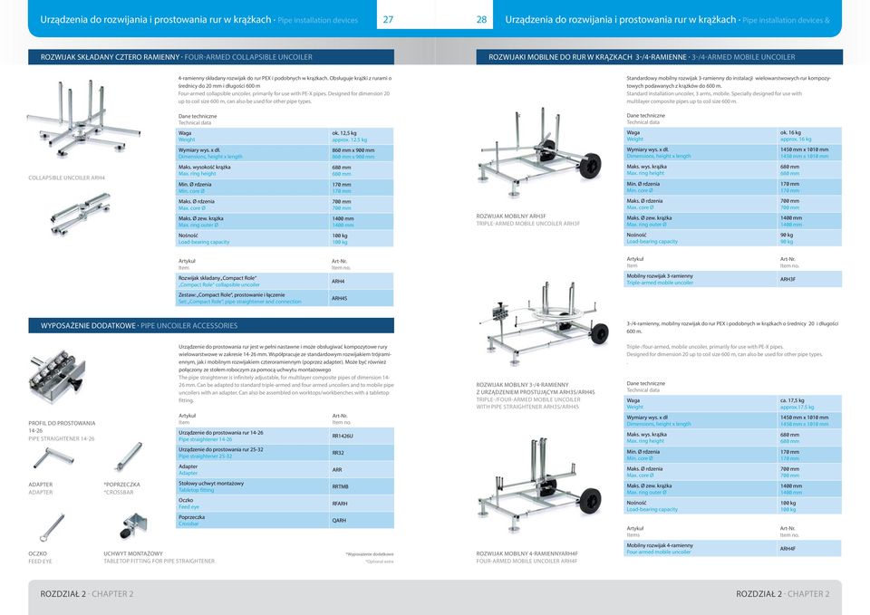 Obsługuje krążki z rurami o średnicy do 20 mm i długości 600 m Four-armed collapsible uncoiler, primarily for use with PE-X pipes.