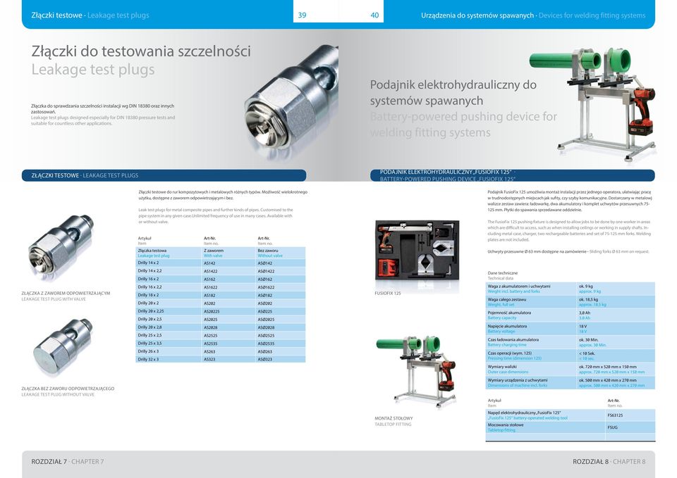 Podajnik elektrohydrauliczny do systemów spawanych Battery-powered pushing device for welding fitting systems ZŁĄCZKI TESTOWE LEAKAGE TEST PLUGS PODAJNIK ELEKTROHYDRAULICZNY FUSIOFIX 125