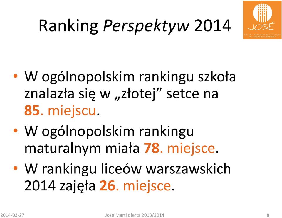 W ogólnopolskim rankingu maturalnym miała 78. miejsce.