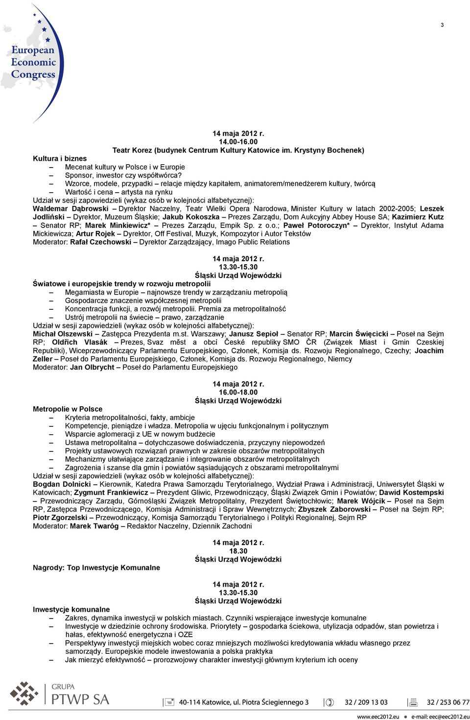 Kultury w latach 2002-2005; Leszek Jodliński Dyrektor, Muzeum Śląskie; Jakub Kokoszka Prezes Zarządu, Dom Aukcyjny Abbey House SA; Kazimierz Kutz Senator RP; Marek Minkiewicz* Prezes Zarządu, Empik