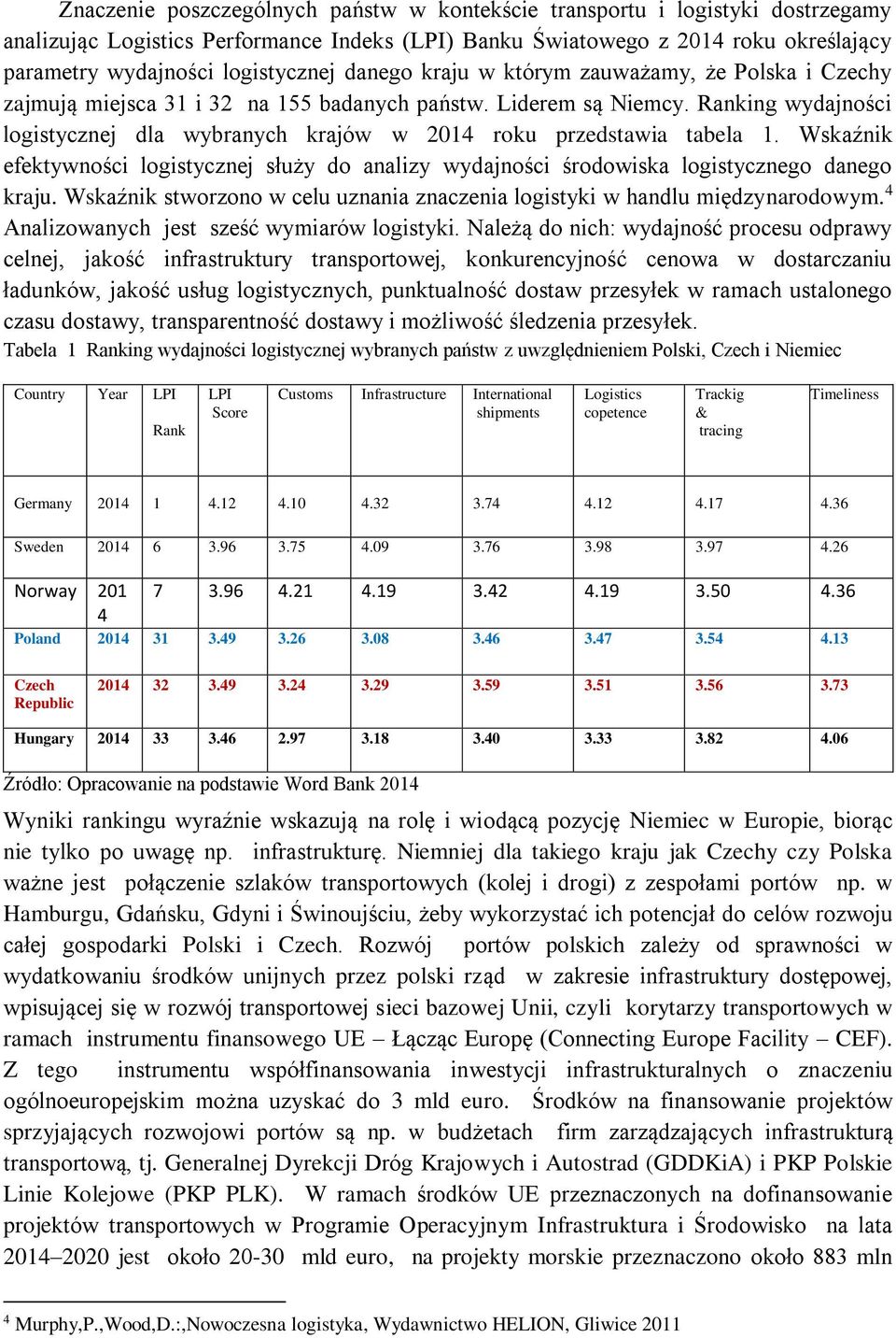 Ranking wydajności logistycznej dla wybranych krajów w 2014 roku przedstawia tabela 1. Wskaźnik efektywności logistycznej służy do analizy wydajności środowiska logistycznego danego kraju.