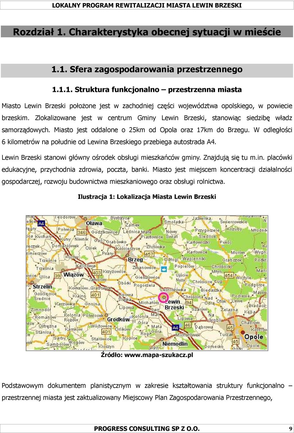 W odległości 6 kilometrów na południe od Lewina Brzeskiego przebiega autostrada A4. Lewin Brzeski stanowi główny ośrodek obsługi mieszkańców gminy. Znajdują się tu m.in. placówki edukacyjne, przychodnia zdrowia, poczta, banki.