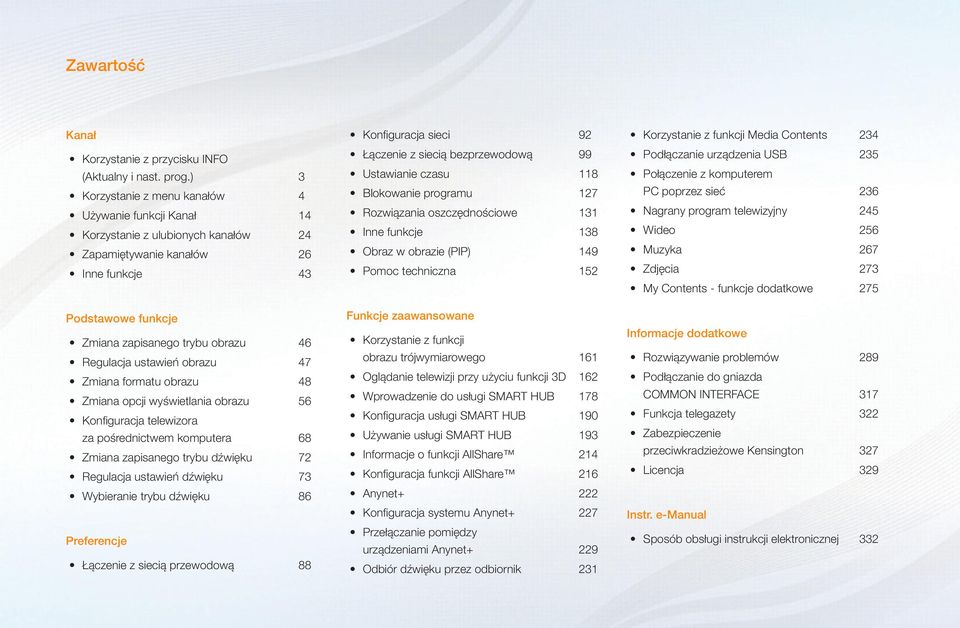 ustawień obrazu 47 Zmiana formatu obrazu 48 Zmiana opcji wyświetlania obrazu 56 Konfiguracja telewizora za pośrednictwem komputera 68 Zmiana zapisanego trybu dźwięku 72 Regulacja ustawień dźwięku 73