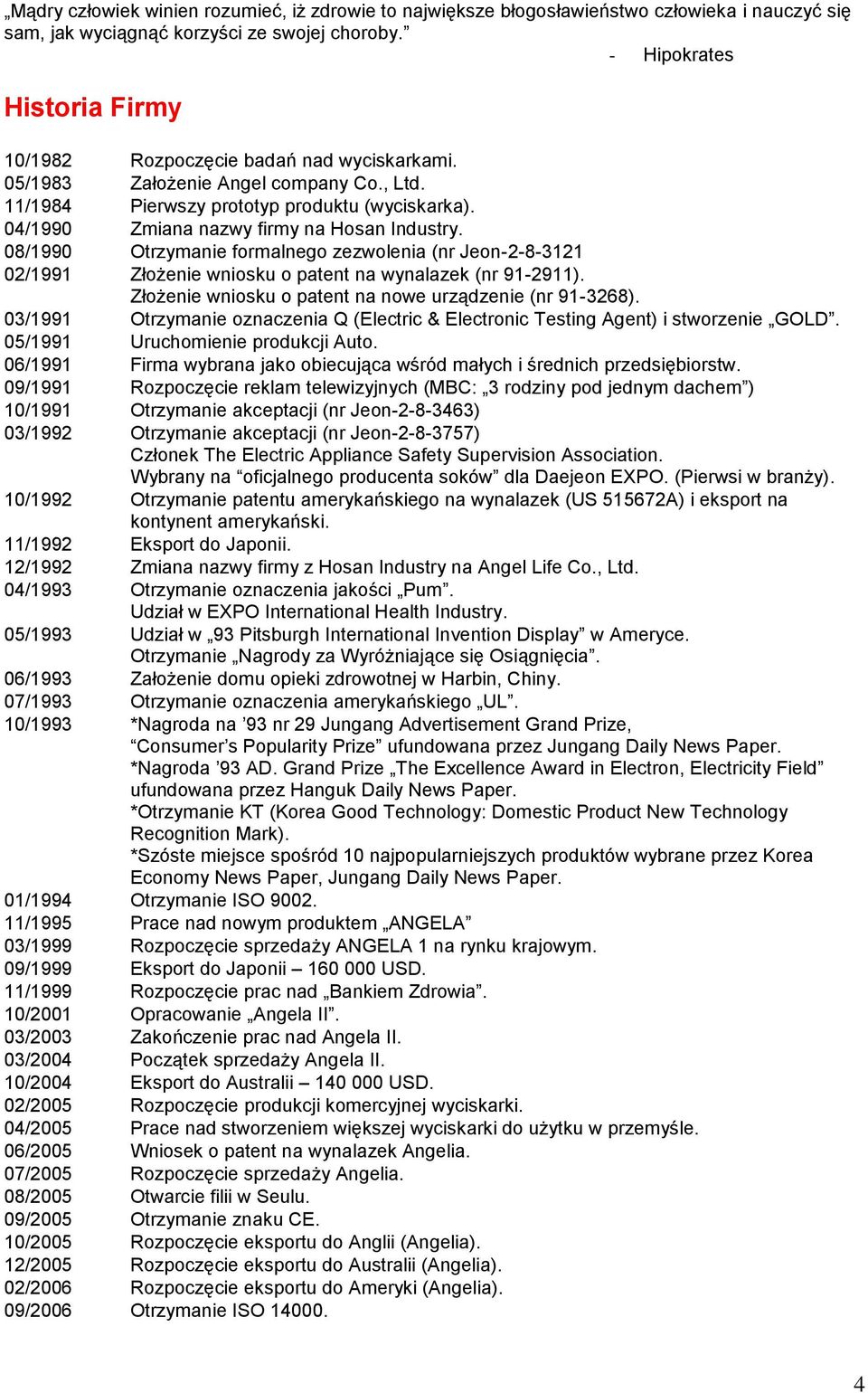 04/1990 Zmiana nazwy firmy na Hosan Industry. 08/1990 Otrzymanie formalnego zezwolenia (nr Jeon-2-8-3121 02/1991 Złożenie wniosku o patent na wynalazek (nr 91-2911).