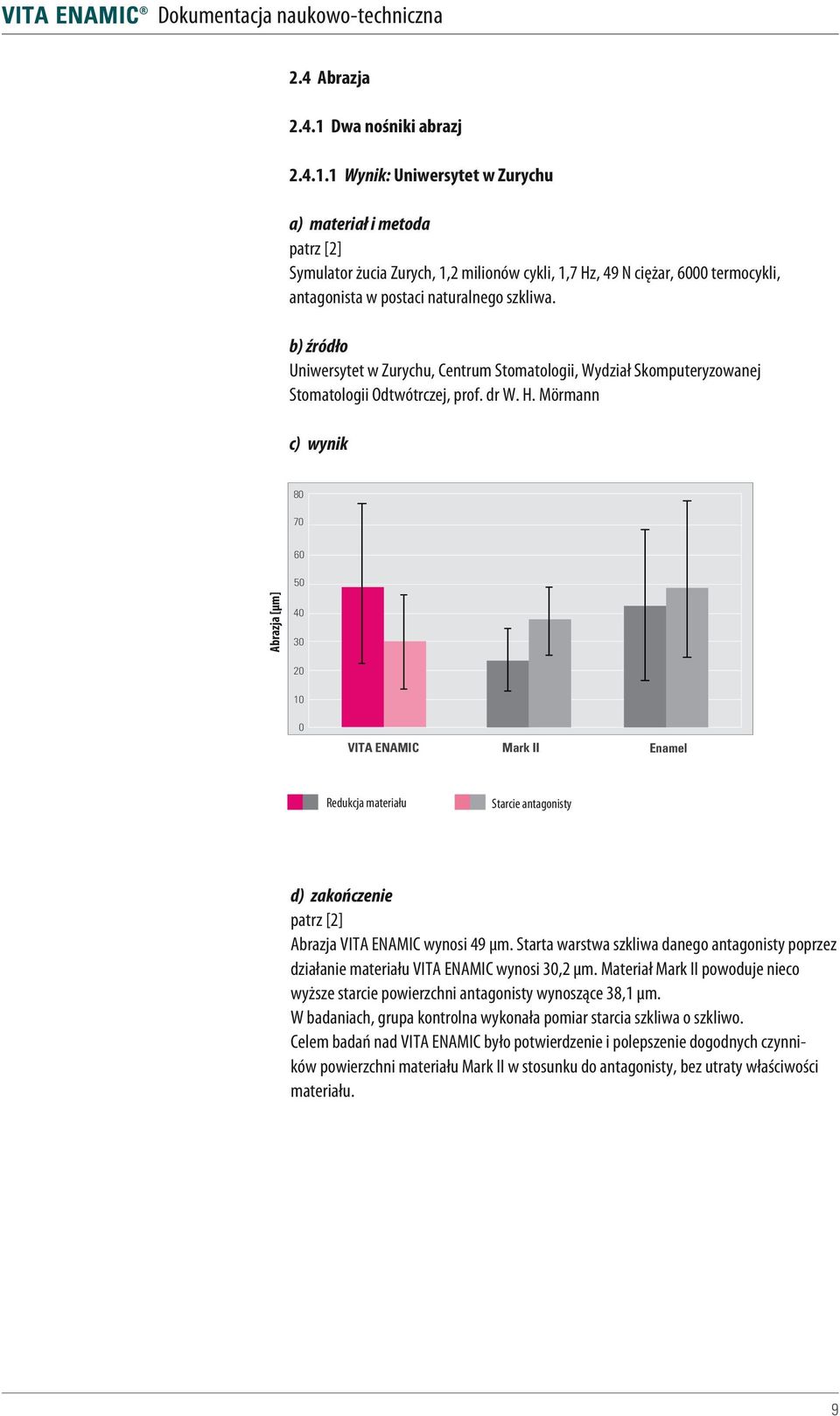 Mörmann 80 70 60 50 Abrazja [µm] 40 30 20 10 0 VITA ENAMIC Mark II Enamel 100 90 Redukcja materiału Starcie antagonisty 80 70 d) 60 zakończenie patrz [2] 50 Abrazja VITA ENAMIC wynosi 49 µm.