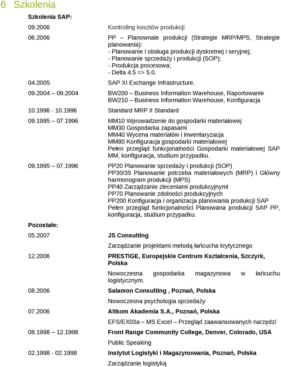 Delta 4.5 => 5.0. 04.2005 SAP XI Exchange Infrastructure. 09.2004 09.2004 BW200 Business Information Warehouse, Raportowanie BW210 Business Information Warehouse, Konfiguracja 10.1996-10.