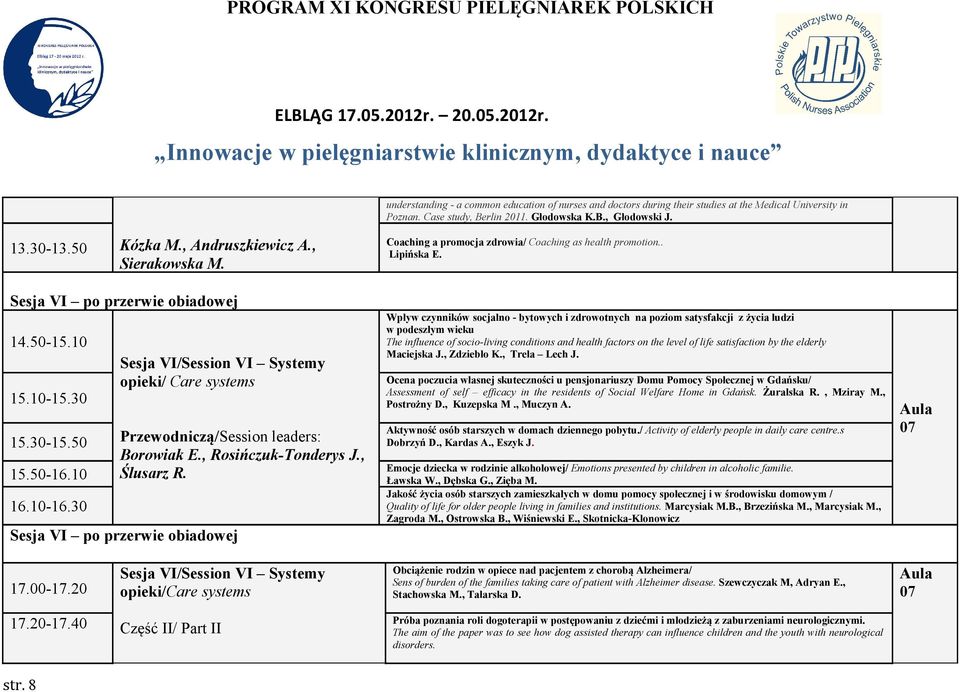 30 Sesja VI/Session VI Systemy opieki/ Care systems Borowiak E., Rosińczuk-Tonderys J., Ślusarz R.