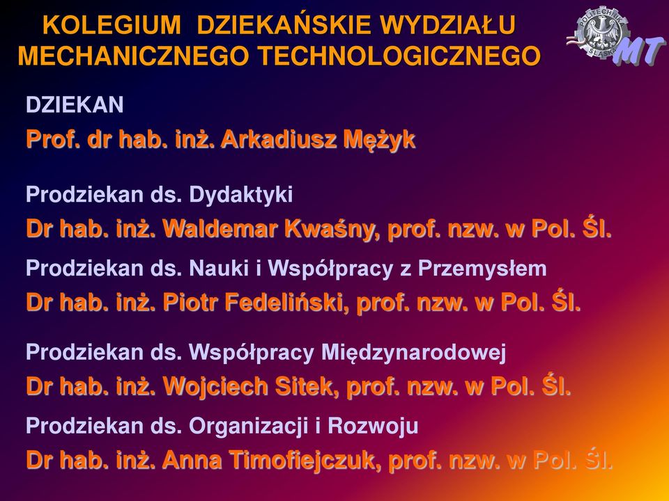 inż. Piotr Fedeliński, prof. nzw. w Pol. Śl. Prodziekan ds. Współpracy Międzynarodowej Dr hab. inż.