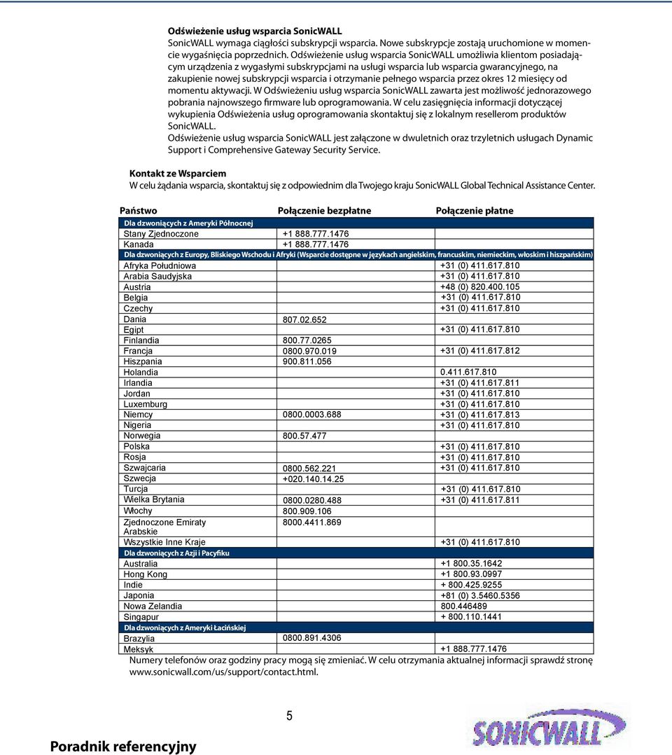 otrzymanie pełnego wsparcia przez okres 12 miesięcy od momentu aktywacji. W Odświeżeniu usług wsparcia SonicWALL zawarta jest możliwość jednorazowego pobrania najnowszego firmware lub oprogramowania.