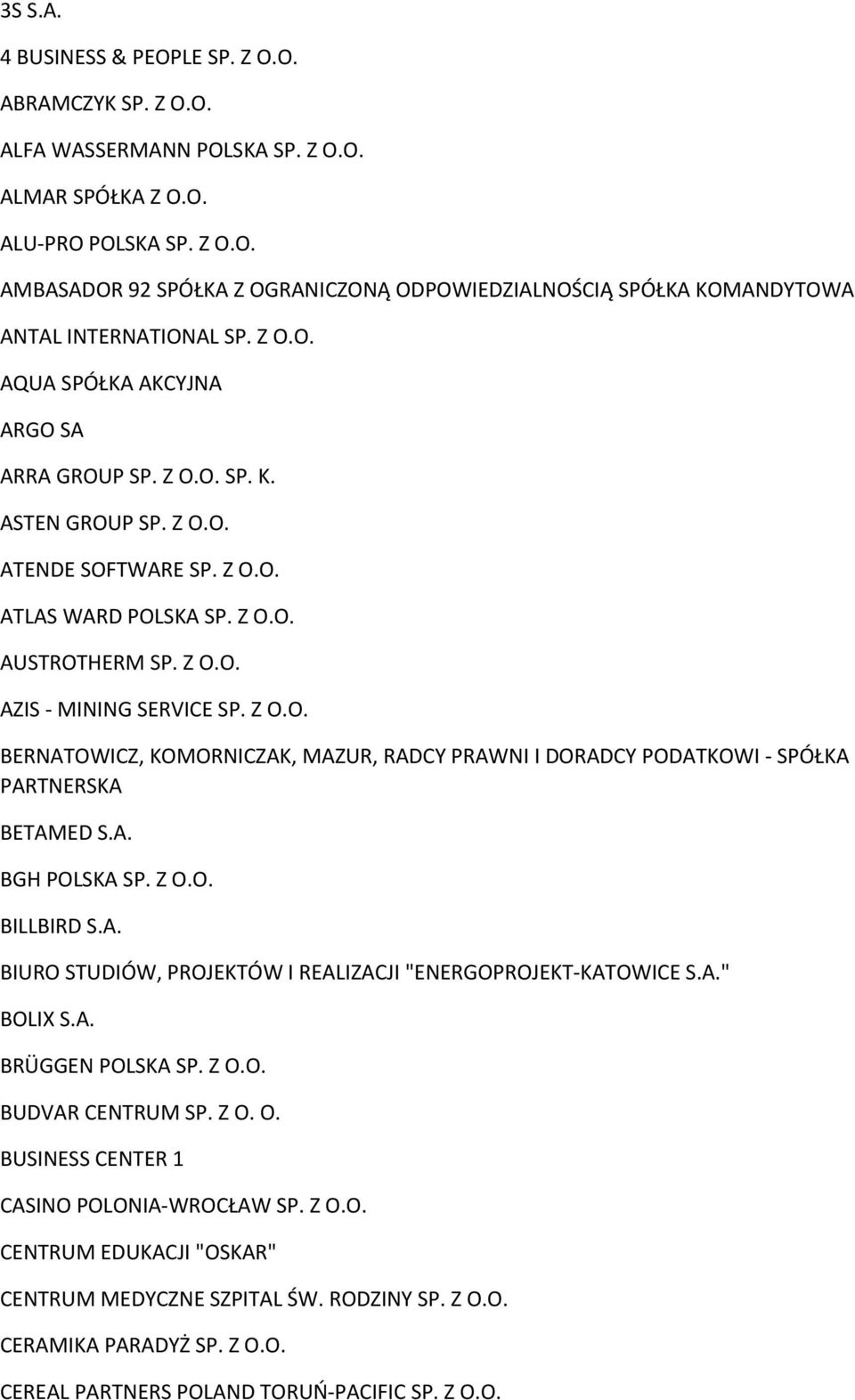 A. BGH POLSKA SP. Z O.O. BILLBIRD S.A. BIURO STUDIÓW, PROJEKTÓW I REALIZACJI "ENERGOPROJEKT-KATOWICE S.A." BOLIX S.A. BRÜGGEN POLSKA SP. Z O.O. BUDVAR CENTRUM SP. Z O. O. BUSINESS CENTER 1 CASINO POLONIA-WROCŁAW SP.