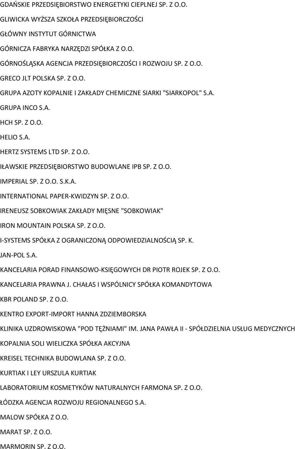 Z O.O. IMPERIAL SP. Z O.O. S.K.A. INTERNATIONAL PAPER-KWIDZYN SP. Z O.O. IRENEUSZ SOBKOWIAK ZAKŁADY MIĘSNE "SOBKOWIAK" IRON MOUNTAIN POLSKA SP. Z O.O. I-SYSTEMS SPÓŁKA Z OGRANICZONĄ ODPOWIEDZIALNOŚCIĄ SP.