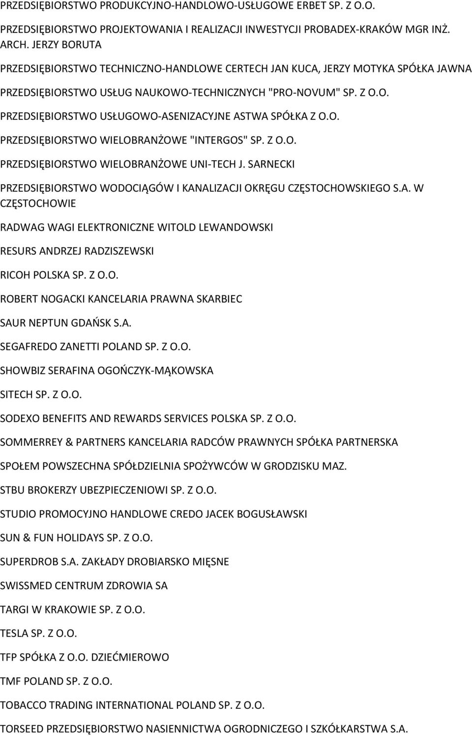 O. PRZEDSIĘBIORSTWO WIELOBRANŻOWE "INTERGOS" SP. Z O.O. PRZEDSIĘBIORSTWO WIELOBRANŻOWE UNI-TECH J. SARNECKI PRZEDSIĘBIORSTWO WODOCIĄGÓW I KANALIZACJI OKRĘGU CZĘSTOCHOWSKIEGO S.A. W CZĘSTOCHOWIE RADWAG WAGI ELEKTRONICZNE WITOLD LEWANDOWSKI RESURS ANDRZEJ RADZISZEWSKI RICOH POLSKA SP.