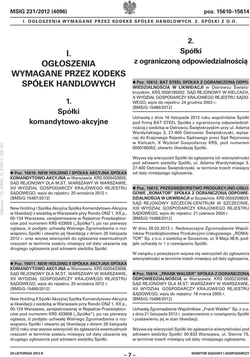 [BMSiG-15487/2012] New Holding I Spółka Akcyjna Spółka Komandytowo-Akcyjna w likwidacji z siedzibą w Warszawie przy Rondo ONZ 1, XX p.